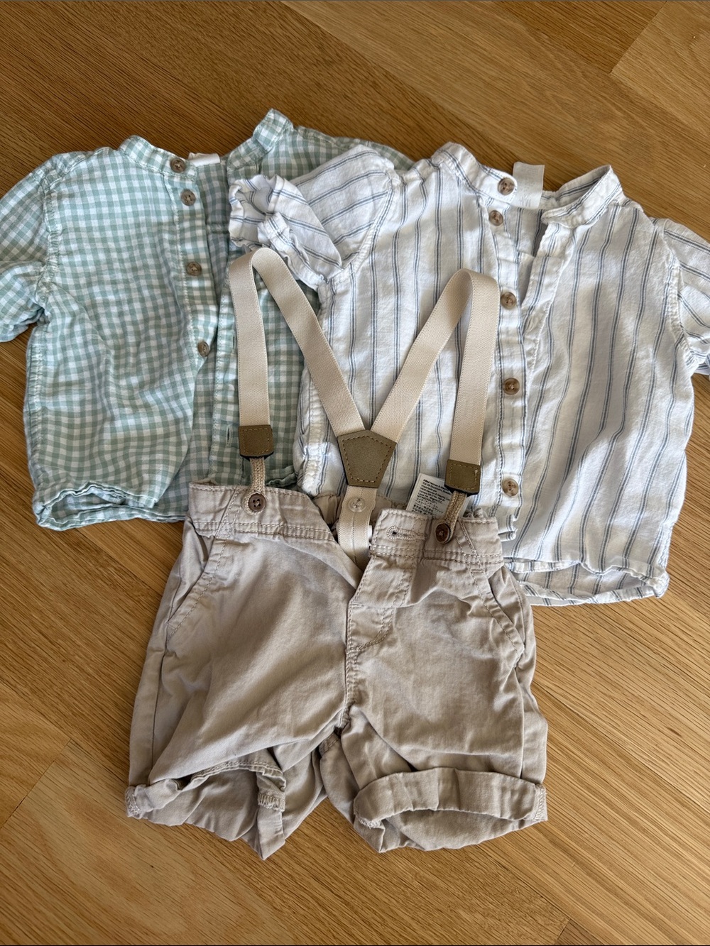 Neutral Suspender Shorts with Two Light Button-Up Tops